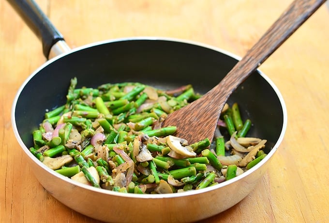 Asparagus, mushrooms, and red onions sauteed in butter