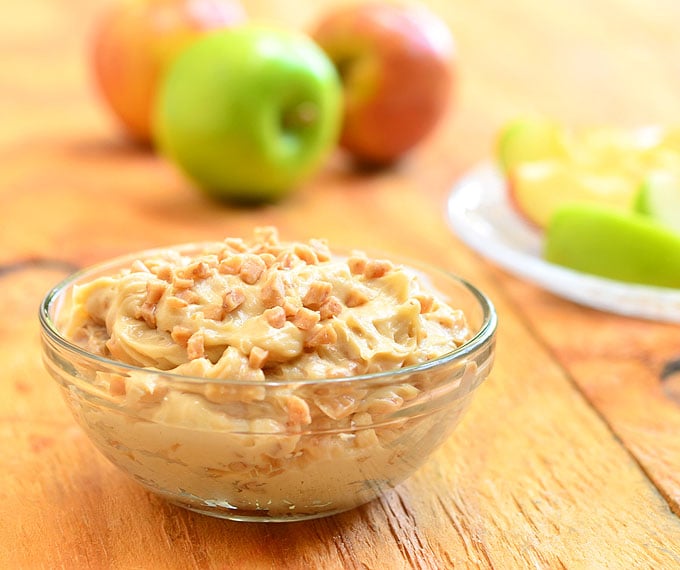 Candy Crunch dip loaded with toffee bits is a delicious dessert dip you'd love digging into with apples, graham crackers, and vanilla wafers! So addicting, you might as well call it candy CRACK dip!