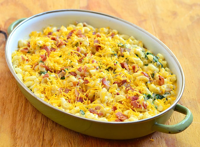 Macaroni and Cheese with Bacon and Spinach ready to bake in the oven. It's loaded with grown-up flavors you'll love