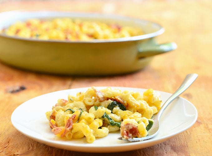 Homemade Macaroni and Cheese with Spinach and Bacon is ready to enjoy! Hearty and delicious, it's a guaranteed dinner hit.