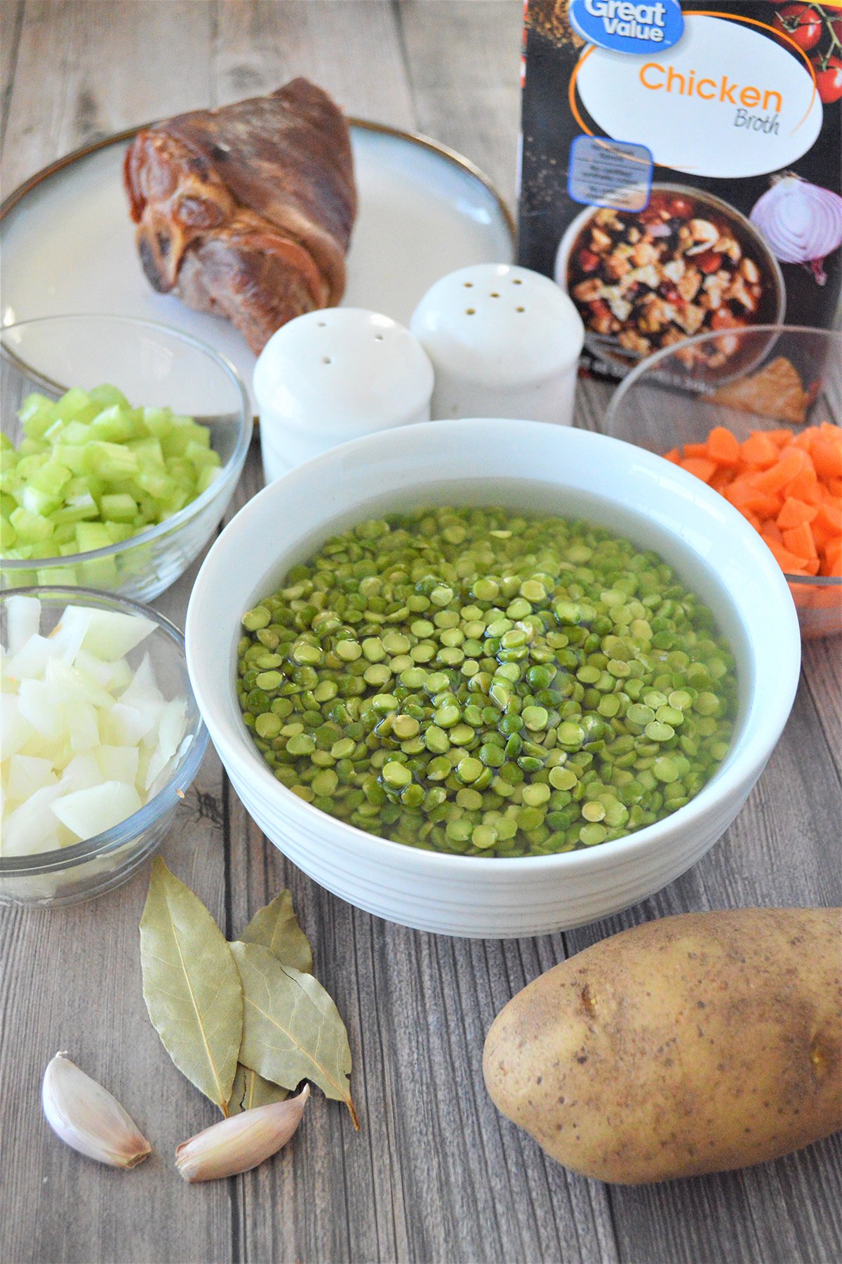 split peas, carrots, celery, onions, ham, bay leaves, potato, chicken broth, salt, pepper