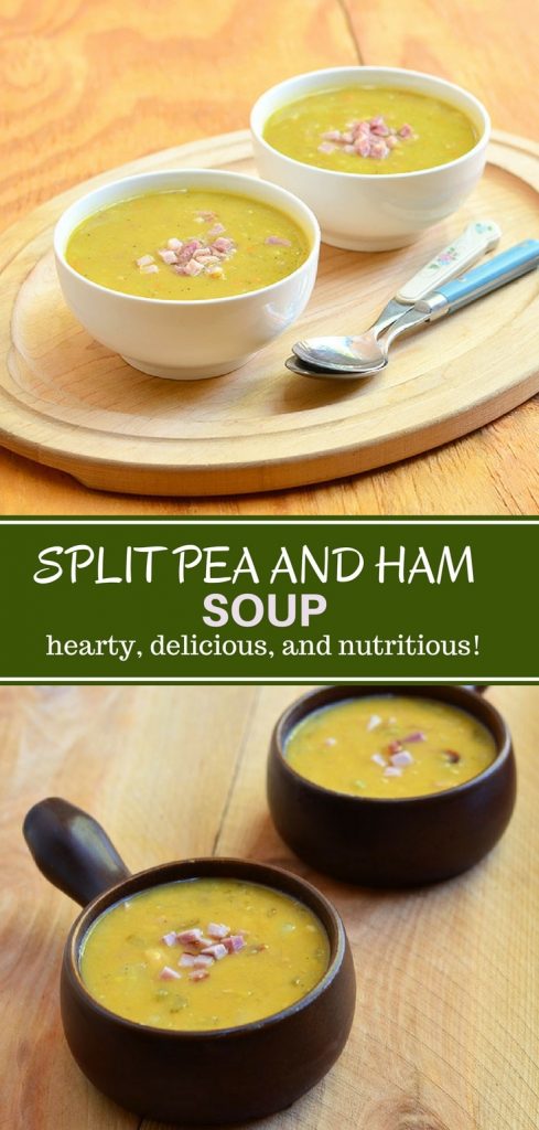 Split Pea and Ham Soup made extra tasty with ham bone, carrots, and, celery, and onions is the perfect comfort food. Thick, hearty, and flavorful, it’s nutritious as its delicious!