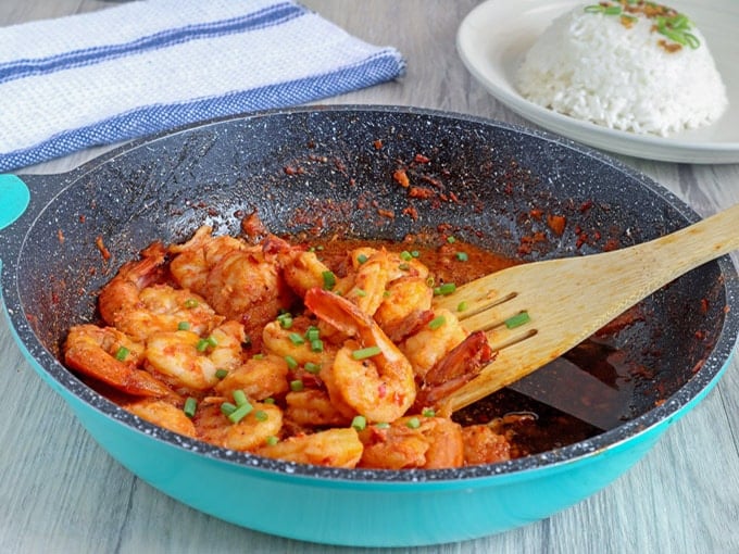 Chili Garlic Shrimp in a blue skillet