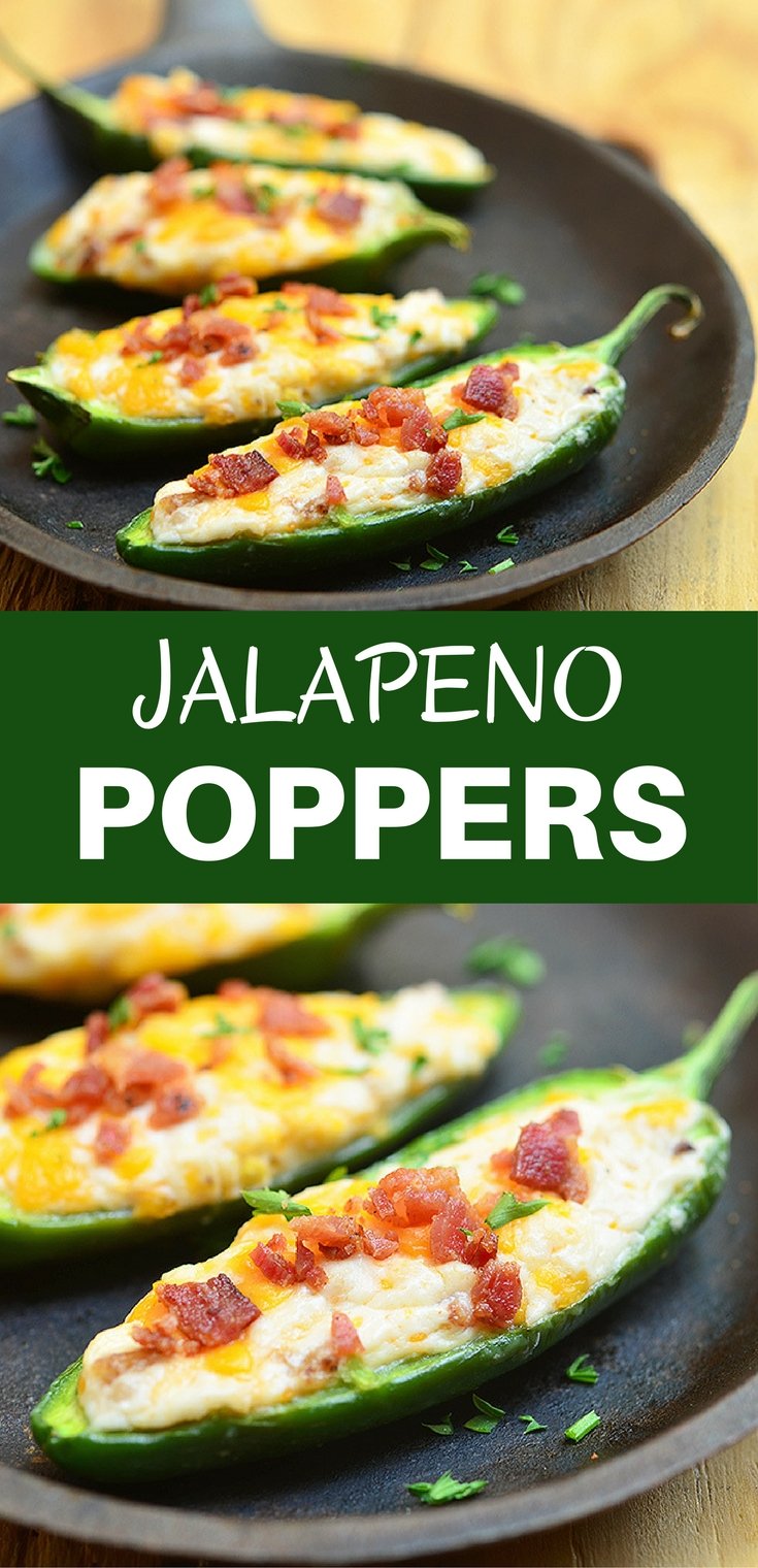 Jalapeno Poppers are stuffed with a mixture of cream cheese, shredded cheddar, and crumbled bacon and then baked until gooey and bubbly. Creamy and spicy, they're like a party in your mouth!