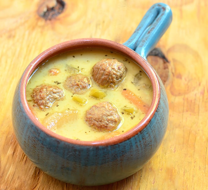 Slow Cooker Potato Meatball Stew loaded with meatballs, potatoes, celery, and carrots for a delicious weeknight meal. It's rich, creamy, and the perfect cold weather comfort food.