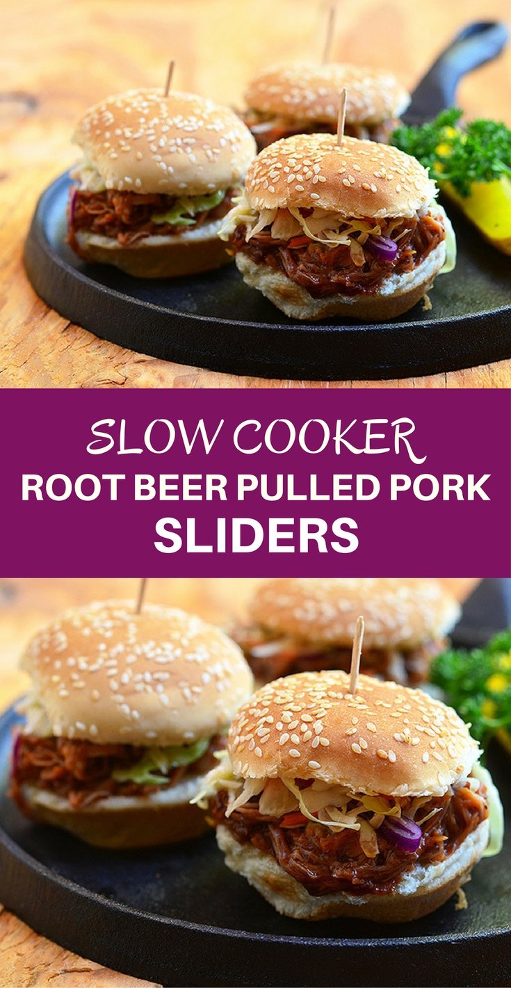 Slow Cooker Root Beer Pulled Pork Sliders made of moist slow cooker pulled pork and tangy coleslaw in slider buns. With loads of flavor and in fun size, they're perfect for tailgating!