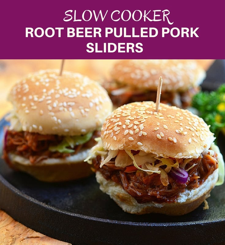 Slow Cooker Root Beer Pulled Pork Sliders made of moist slow cooker pulled pork and tangy coleslaw in slider buns. With loads of flavor and in fun size, they're perfect for tailgating!