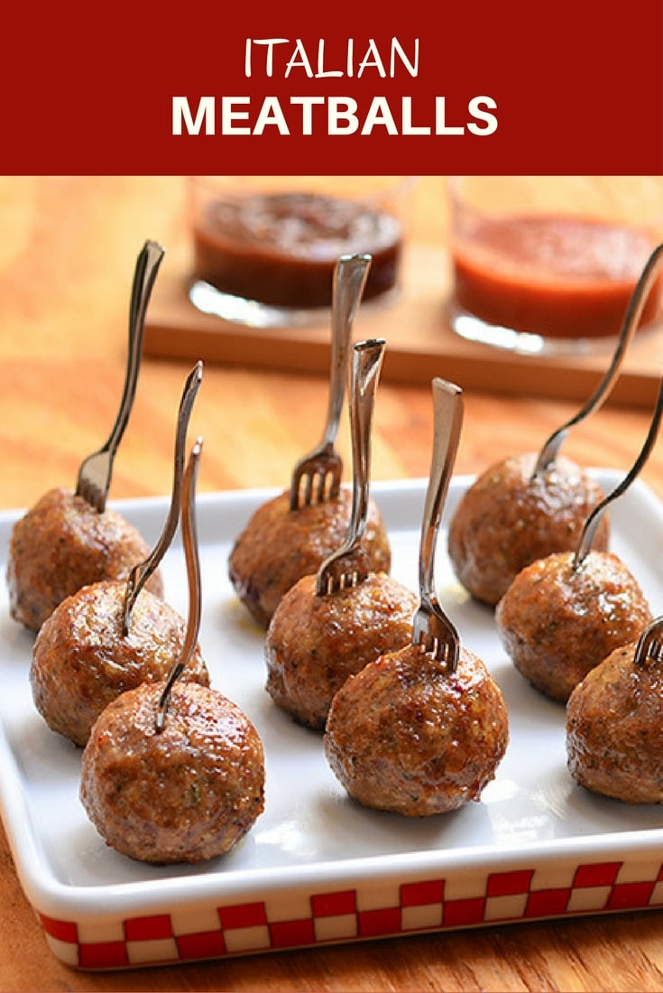 Italian meatballs perfect as party appetizers with dipping sauces or served over pasta with hearty marinara sauce. Learn the easy tips on how to make them super moist and flavorful!