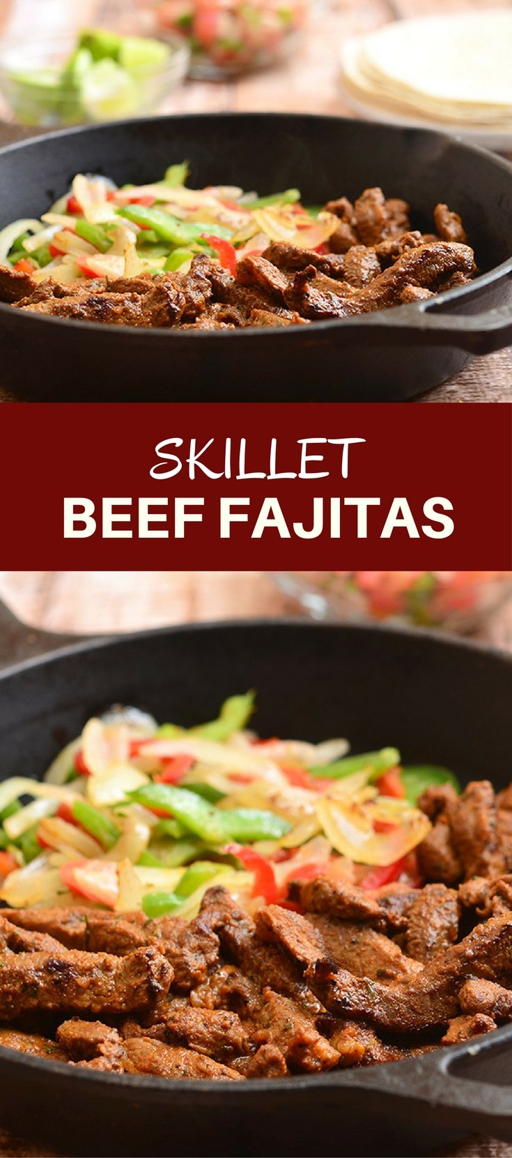 Skillet Beef Fajitas with sirloin, bell peppers, and onions marinated in lime and seasonings and seared to tender perfection. Serve with warm tortillas and your favorite fixings for an amazing Mexican feast!