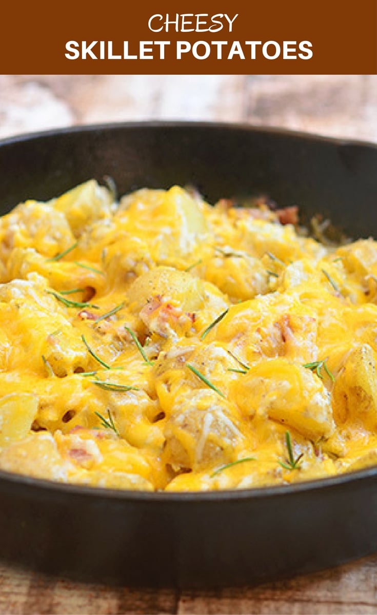 Cheesy Skillet Potatoes is the ultimate potato side dish! With fluffy Yukon gold potatoes, creamy sour cream sauce, crisp bacon, gooey cheese, and fresh rosemary, it's hearty, delicious and a guaranteed family favorite.