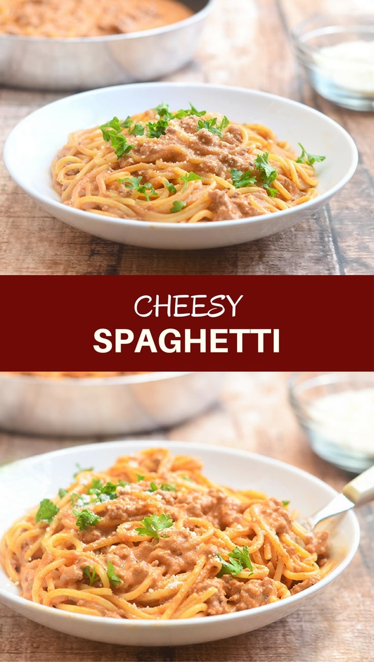 Cheesy Spaghetti with creamy tomato sauce is quick and easy to make for busy weeknights and with loads of delicious cheesy flavor the whole family is sure to love.