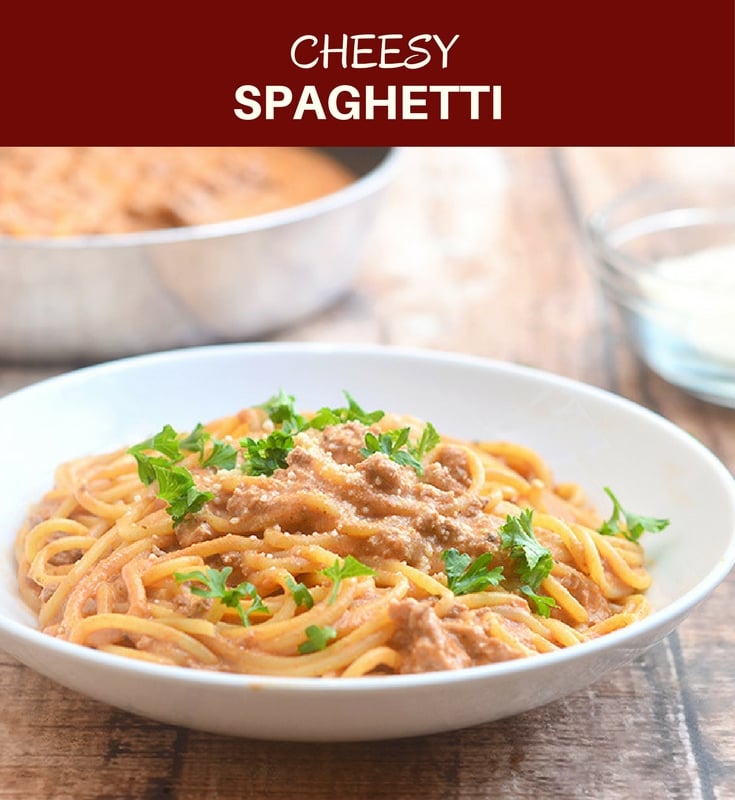 Cheesy Spaghetti with creamy tomato sauce is quick and easy to make for busy weeknights and with loads of delicious cheesy flavor the whole family is sure to love.