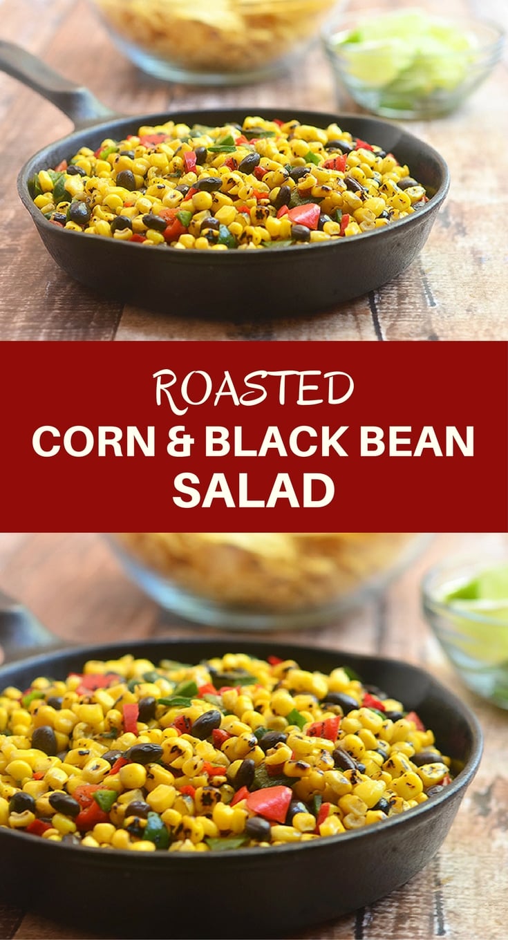 Roasted Corn and Black Bean Salad bursting with the smoky flavors of grilled corn, poblano peppers; and black beans. Delicious as a dip for tortilla chips yet just as awesome as a vegetarian filling for enchiladas or quesadillas.