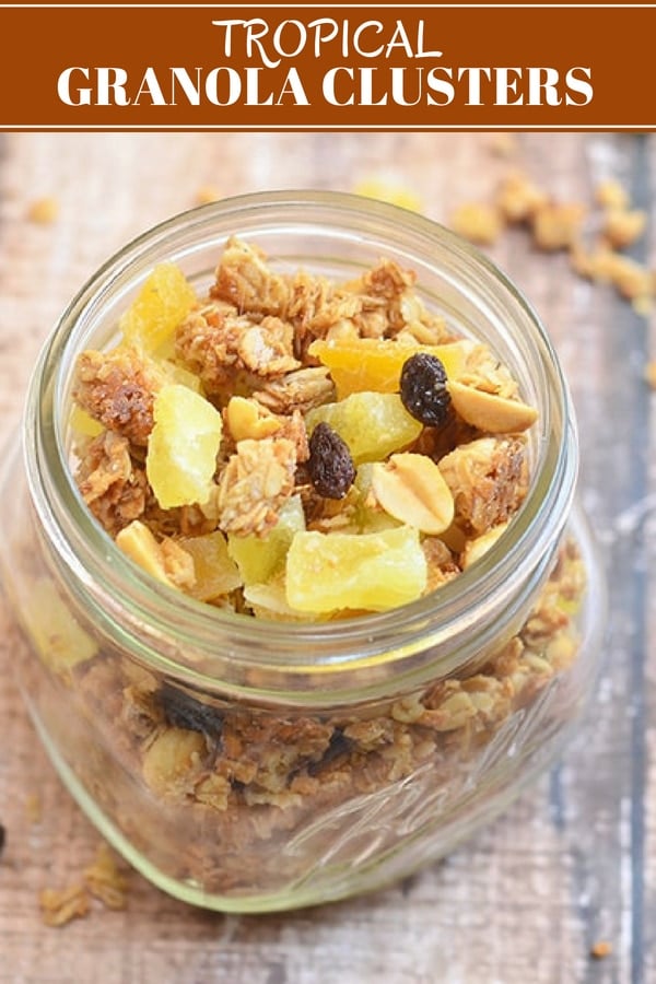 Tropical Granola Clusters in a clear mason jar