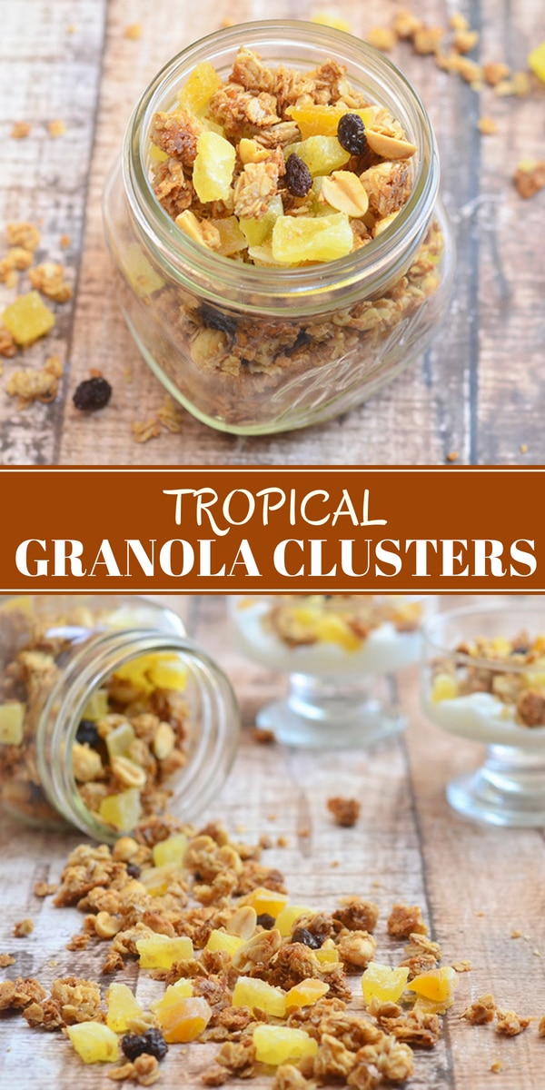 Tropical Granola Clusters in a clear mason jar