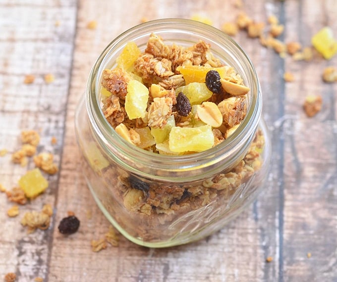 Tropical Granola Clusters in a clear mason jar