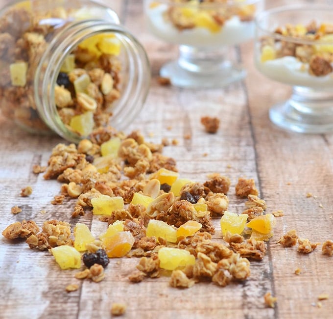 Tropical Granola Clusters with dried mango, pineapple, coconut, and crunchy oats