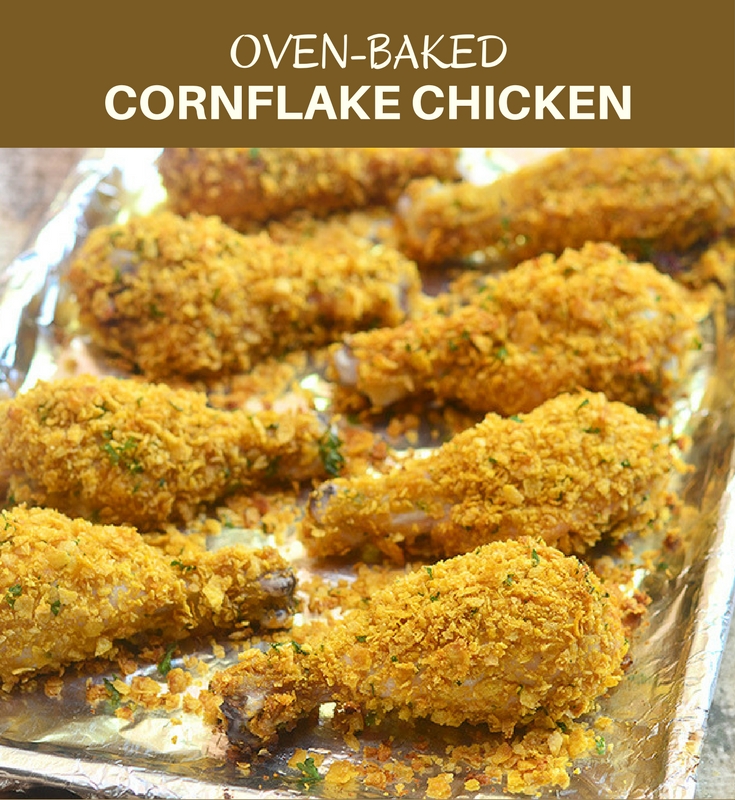 Cornflake chicken coated in cornflake crumbs for crunchy, juicy chicken perfection without deep-frying. Loads of flavor with less work and less fat!