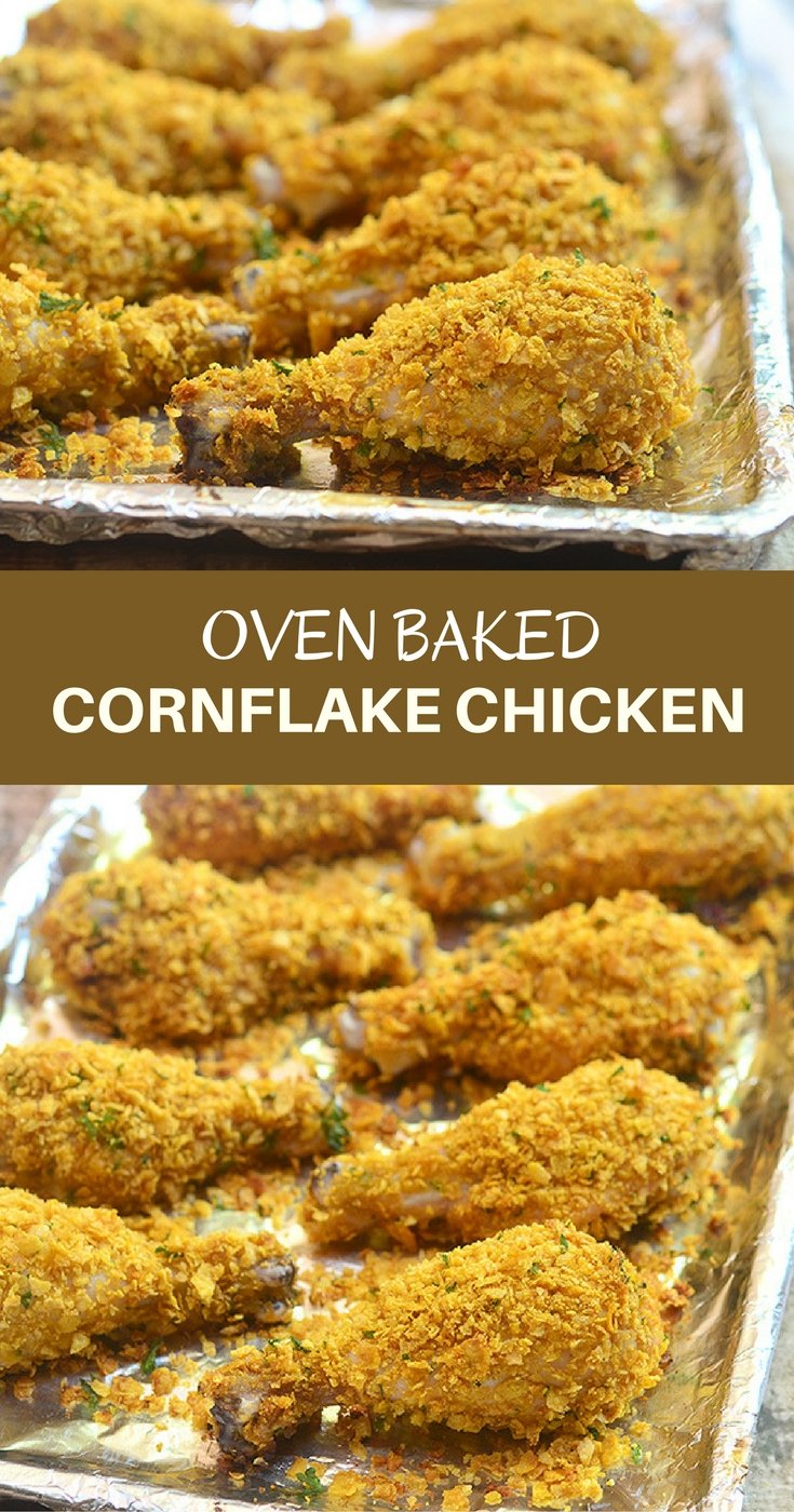 Cornflake chicken coated in cornflake crumbs for crunchy, juicy chicken perfection without deep-frying. Loads of flavor with less work and less fat!