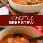 Homestyle Beef Stew is the ultimate cold weather comfort food. Chock-full of tender beef, chunky vegetables, and a flavorful broth, it's hearty and delicious!