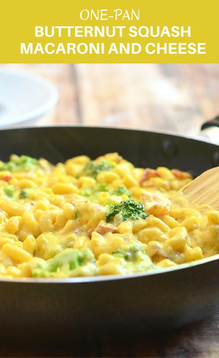 One-Pan Butternut Squash Macaroni and Cheese with bacon, broccoli, and a creamy butternut squash sauce is the ultimate Fall comfort food. And it's ready in 30 minutes and in one pan!