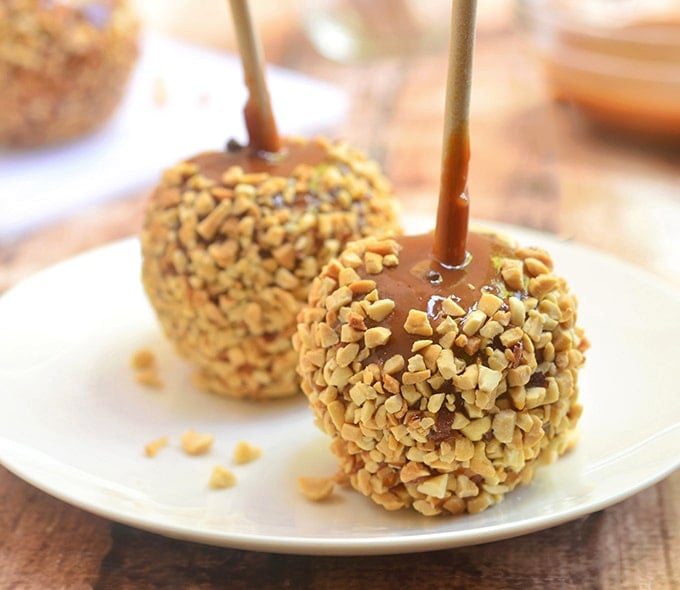 homemade Caramel Apples with chopped peanuts