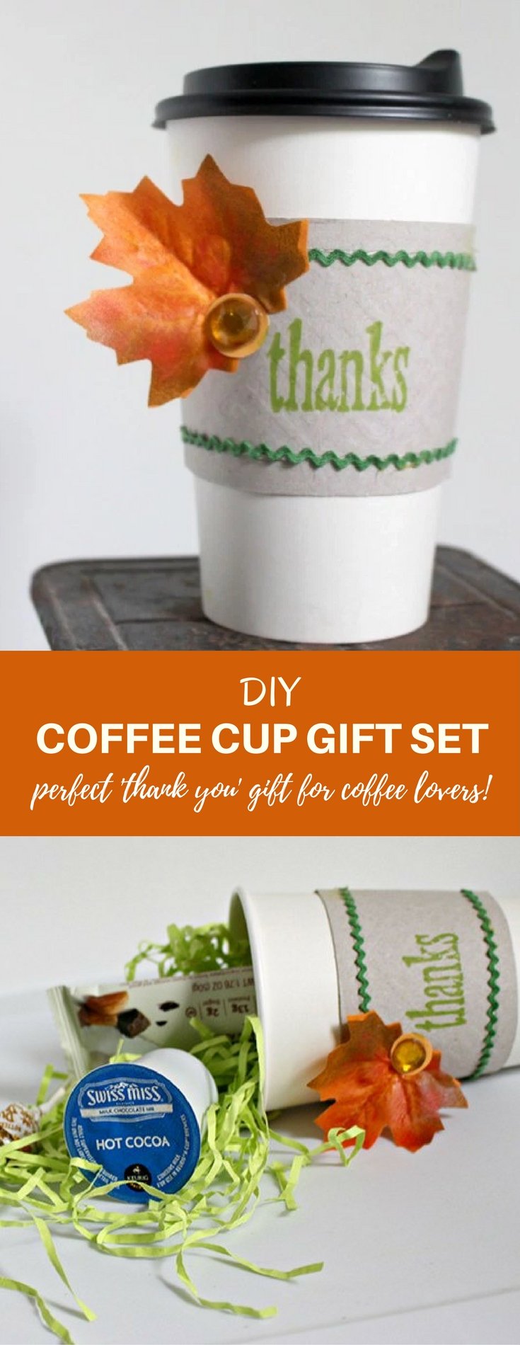 DIY coffee cup gift set is the perfect thank you all the coffee lovers on your list. Make from supplies you can find at your neighborhood Dollar Store and fill with coffee gift cards, hot cocoa packets, K-cups and sweet treats!