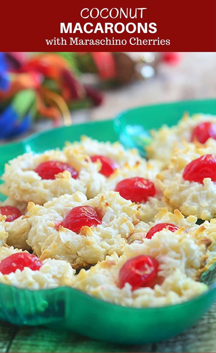 Coconut macaroons with colorful maraschino cherry centers make the perfect gift this holiday season. Soft and chewy, they're sure to be everyone's favorite treat!