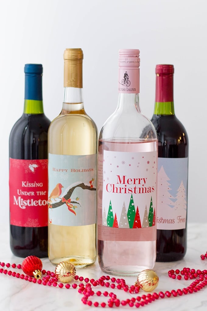 wine bottles with Christmas lables