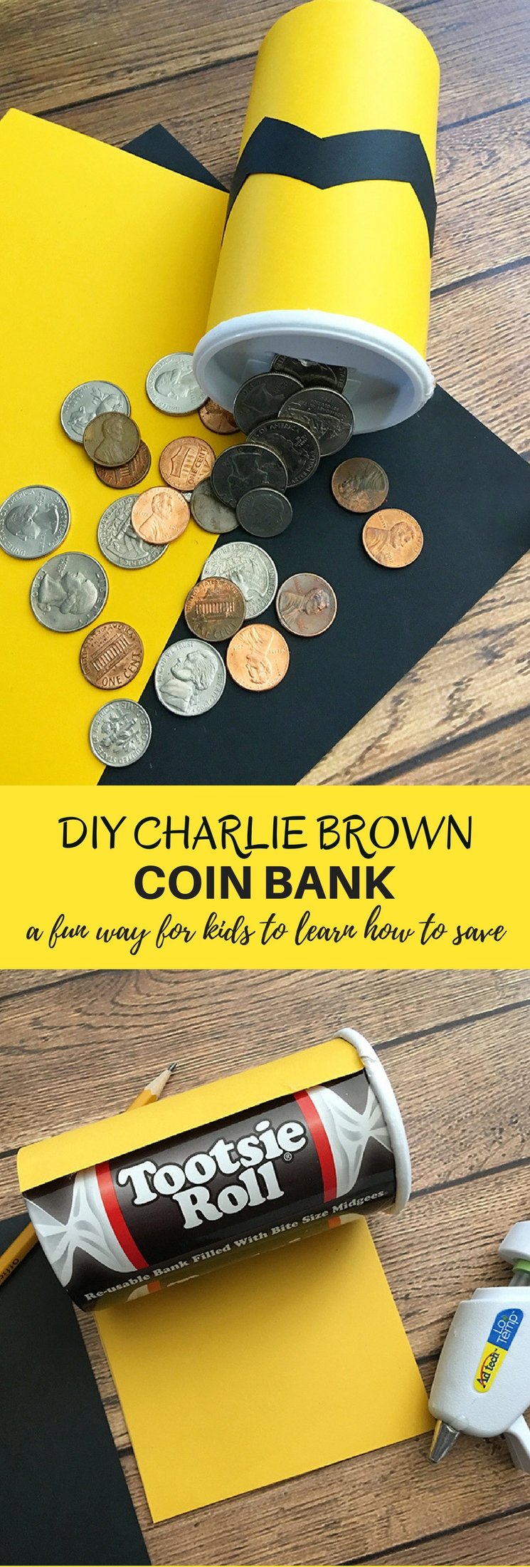 DIY Charlie Brown Coin Bank is perfect for teaching your child how to save. Super easy and fun to make using simple craft supplies.