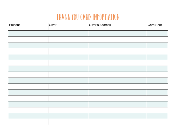 Keep track of your gifts with this printable thank you card information organizer.