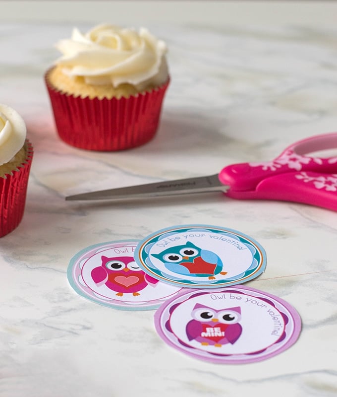 cut out Valentine's Day owl cupcake topper printables, frosted cupcakes, and pink scissors