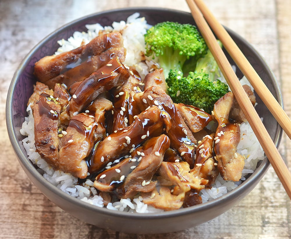 This chicken teriyaki bowl is a perfect dinner with rice and broccoli. 