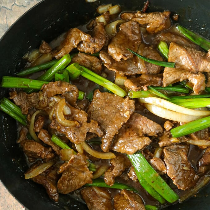 Mongolian Beef in a pan.