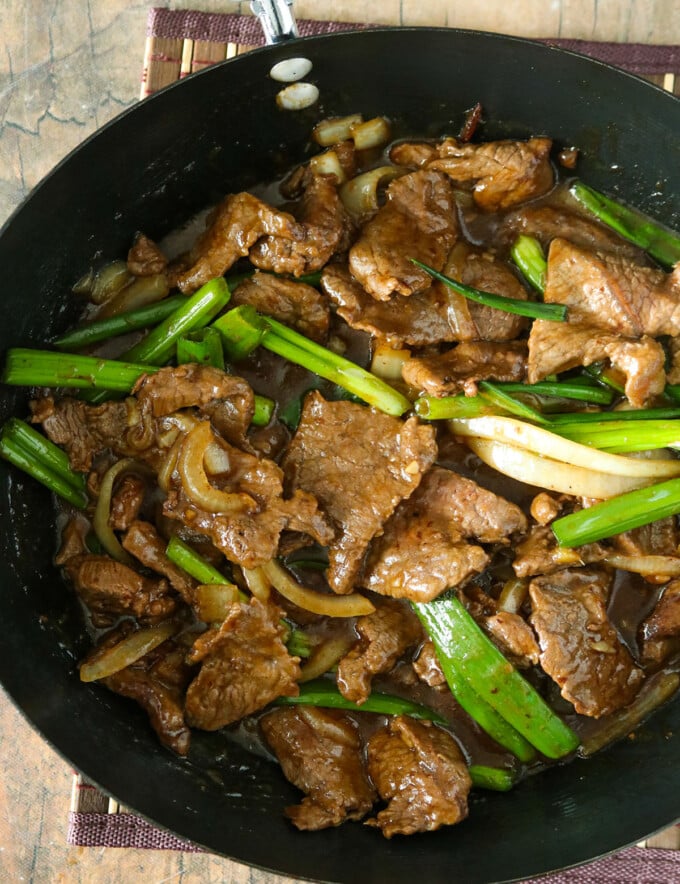 Mongolian Beef in a pan.