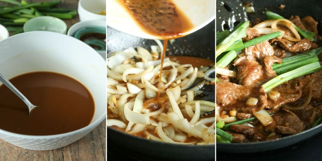stir-frying mongolian beef in a pan.