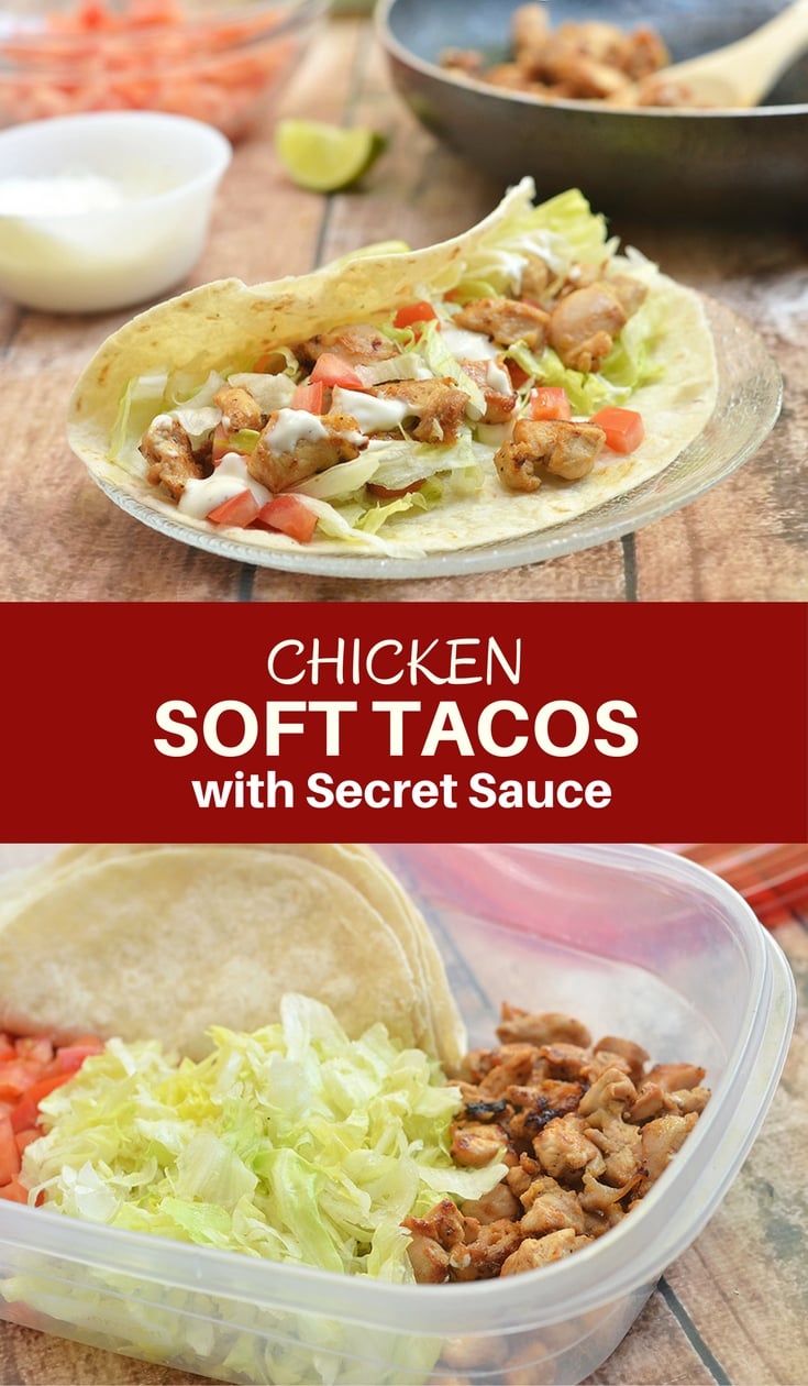 Chicken Soft Tacos with Secret Sauce are what's for dinner tonight! With flavorful chicken morsels and taco fixings wrapped in soft tortillas, and then drizzled with a dreamy Del Taco-inspired sauce, they are quick and easy to make yet pack big, bold flavors.