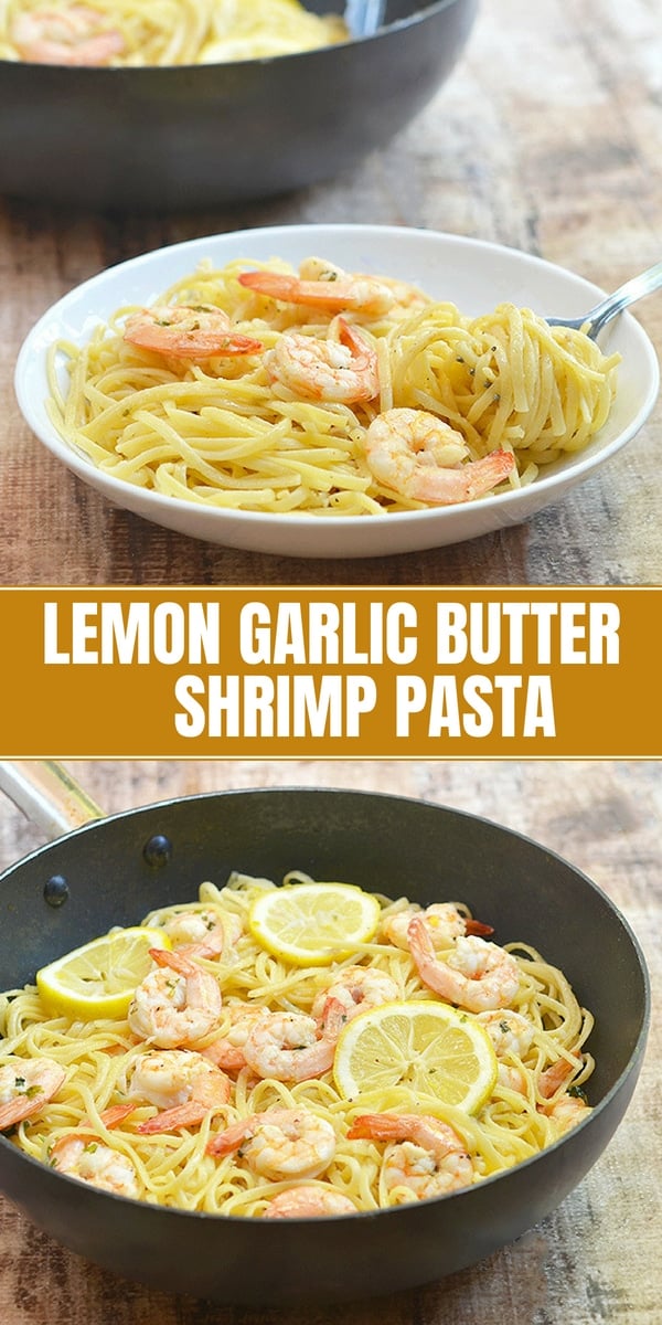 lemon garlic shrimp and pasta on a serving plate