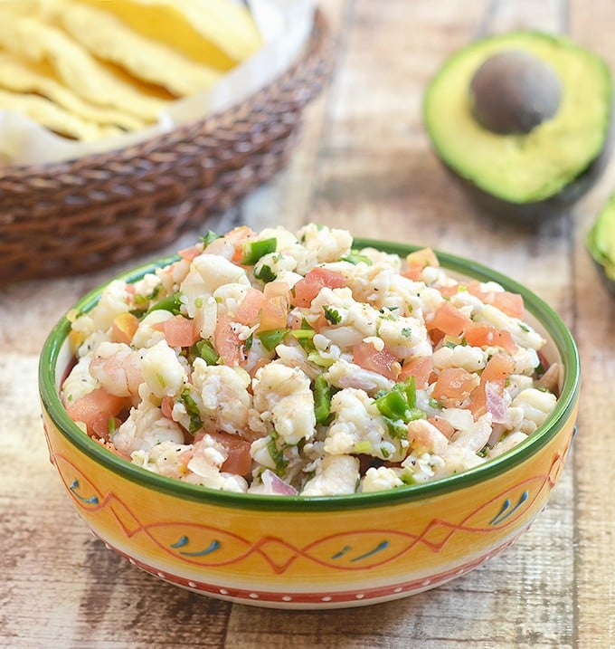 Shrimp Ceviche is refreshingly tangy, slightly spicy, and amazing with crisp tortilla chips. It's the perfect summer treat!