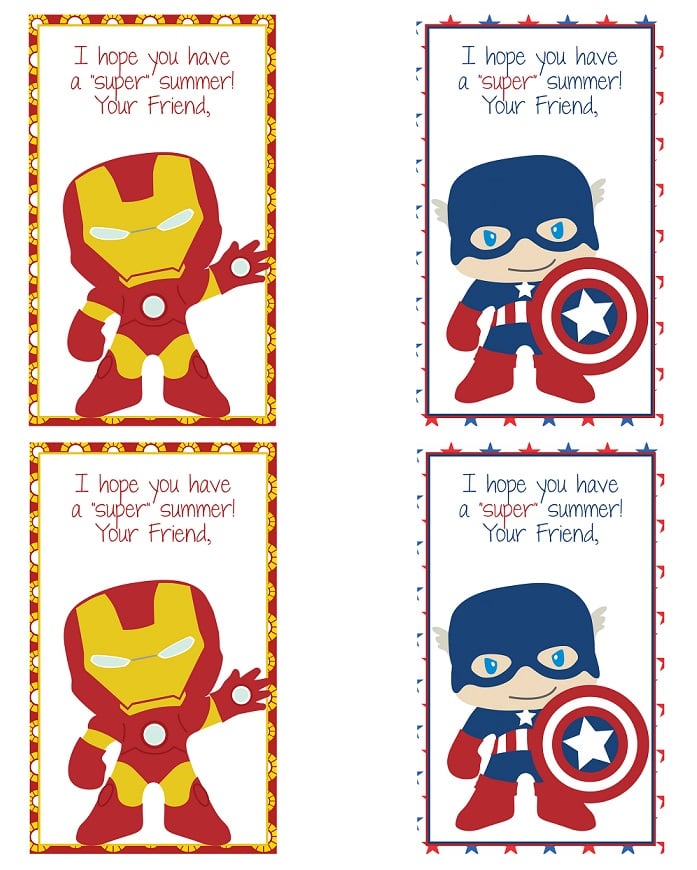 FREE end of school year thank you card printables with super hero designs. 