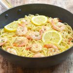 Lemon Butter Garlic Shrimp Pasta in a pan