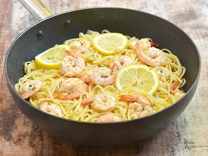 Lemon Butter Garlic Shrimp Pasta in a pan