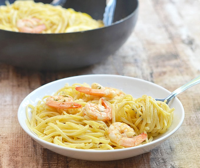 lemon garlic shrimp and pasta on a serving plate