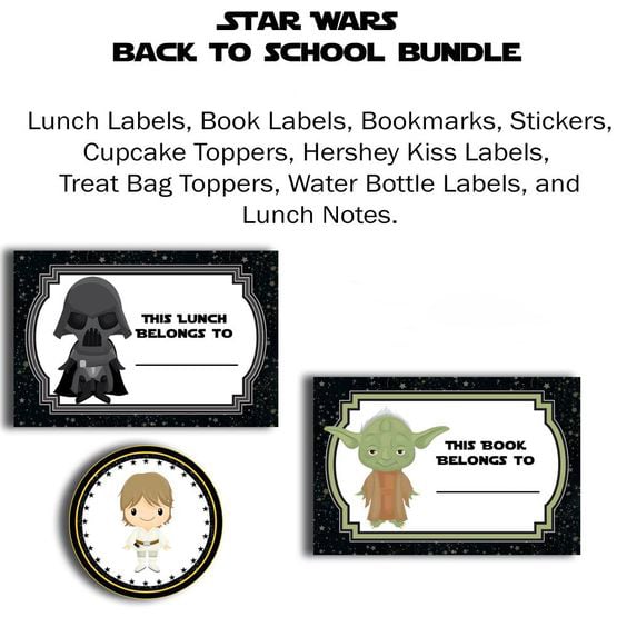 Star Wars Back to School FREE Printables are bookmarks, book labels, lunch bag labels, lunch bag notes, cupcake toppers, Hershey kisses labels, stickers, water bottle labels, treat bag toppers you need to send your kid back to school in style!