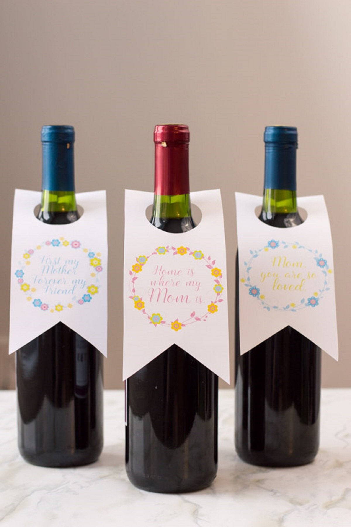 wine bottles with Mother's Day bottle tags