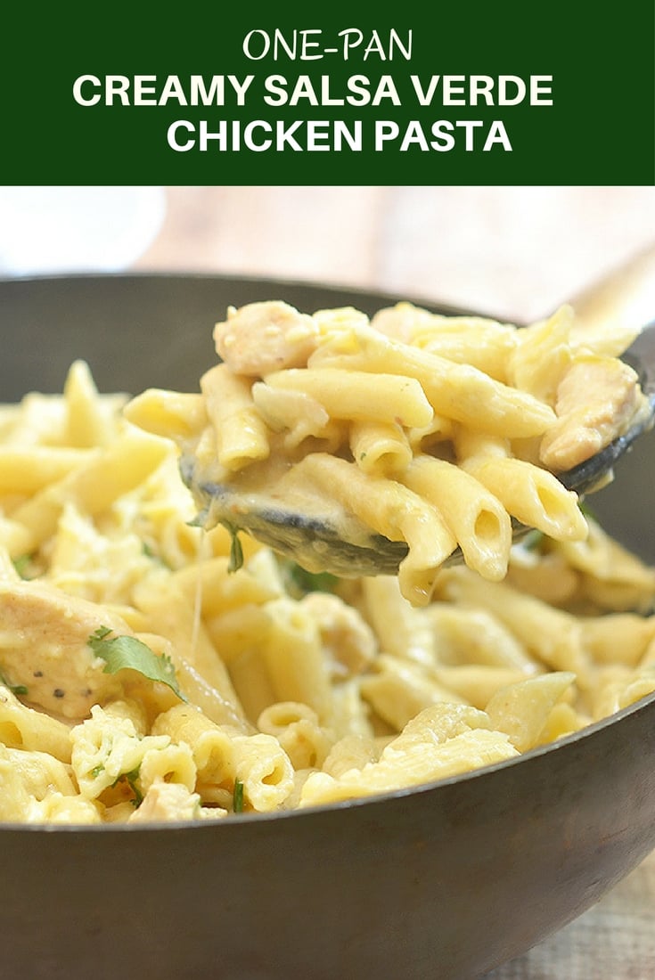 One-Pan Creamy Salsa Verde Chicken Pasta is creamy, cheesy, slightly spicy, and a must-try! It's quick and easy to make, requires few simple ingredients, and cooks in one pan!