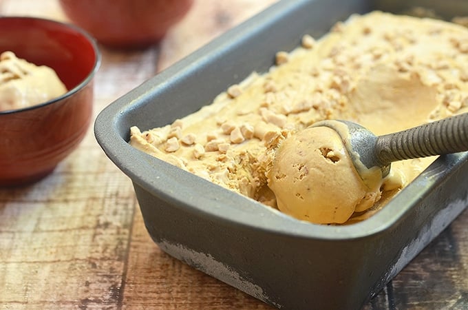 No-churn coffee brickle ice cream in a loaf pan