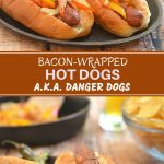 Bacon-wrapped Hotdogs on a bun with sauteed sweet peppers and onions