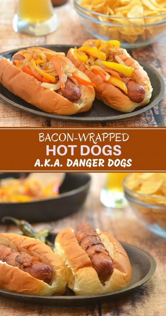 Bacon-wrapped Hotdogs on a bun with sauteed sweet peppers and onions