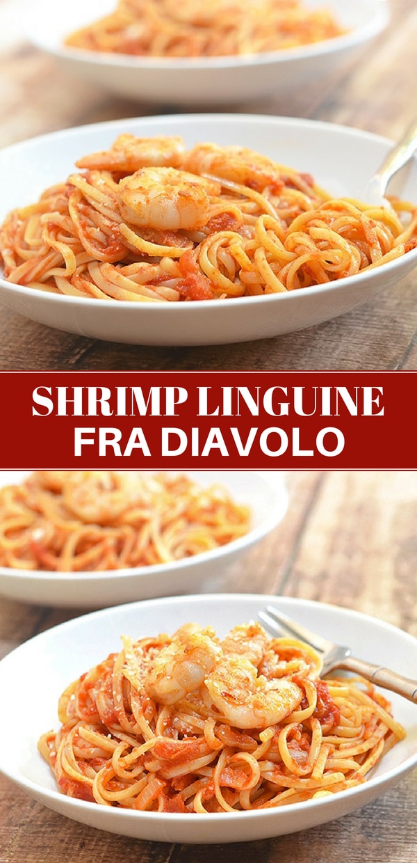shrimp and linquine fra diavolo in a serving plate